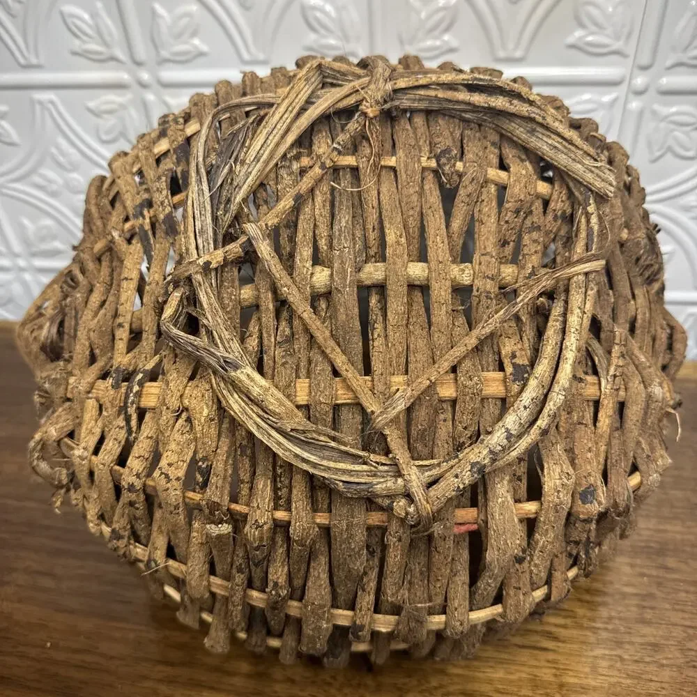 Unique Woven Basket Twisted Vine Branch Handle Wood Brown Gatherer